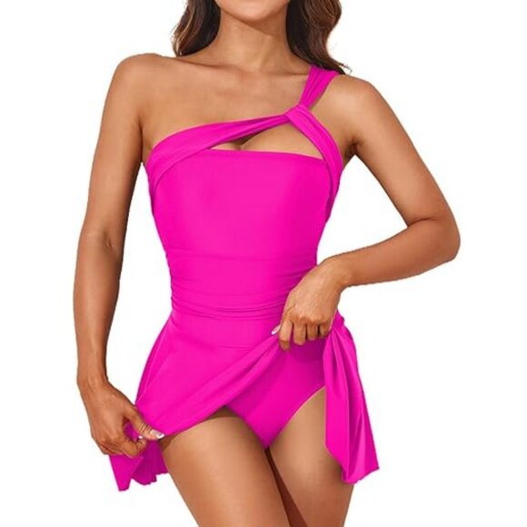 Hot Pink One Shoulder One Piece Swim Dress/Swimsuit M *NWOT* - Picture 4 of 9
